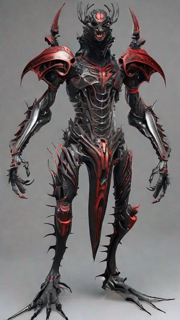 Prompt: "Un corps en metal, avec une tete en forme de xeno, des yeux rouges et des dents en metal. Il a des mains en forme de griffes en metal. Il a une jupe en cuir noir, avec des motifs de machine biomecanique. Il a un corps en metal, avec une tete en forme de tete de xeno, des yeux rouges et des dents en metal. Il a des mains en forme de griffes en metal. Il a une jupe en cuir noir, avec des motifs de machine biomecanique. Il a un corps en metal, avec une tete en forme de tete de xeno, des yeux rouges et des dents en metal. Il a des mains en forme de griffes en metal. Il a une jupe en cuir noir, avec des motifs de machine biomecanique."