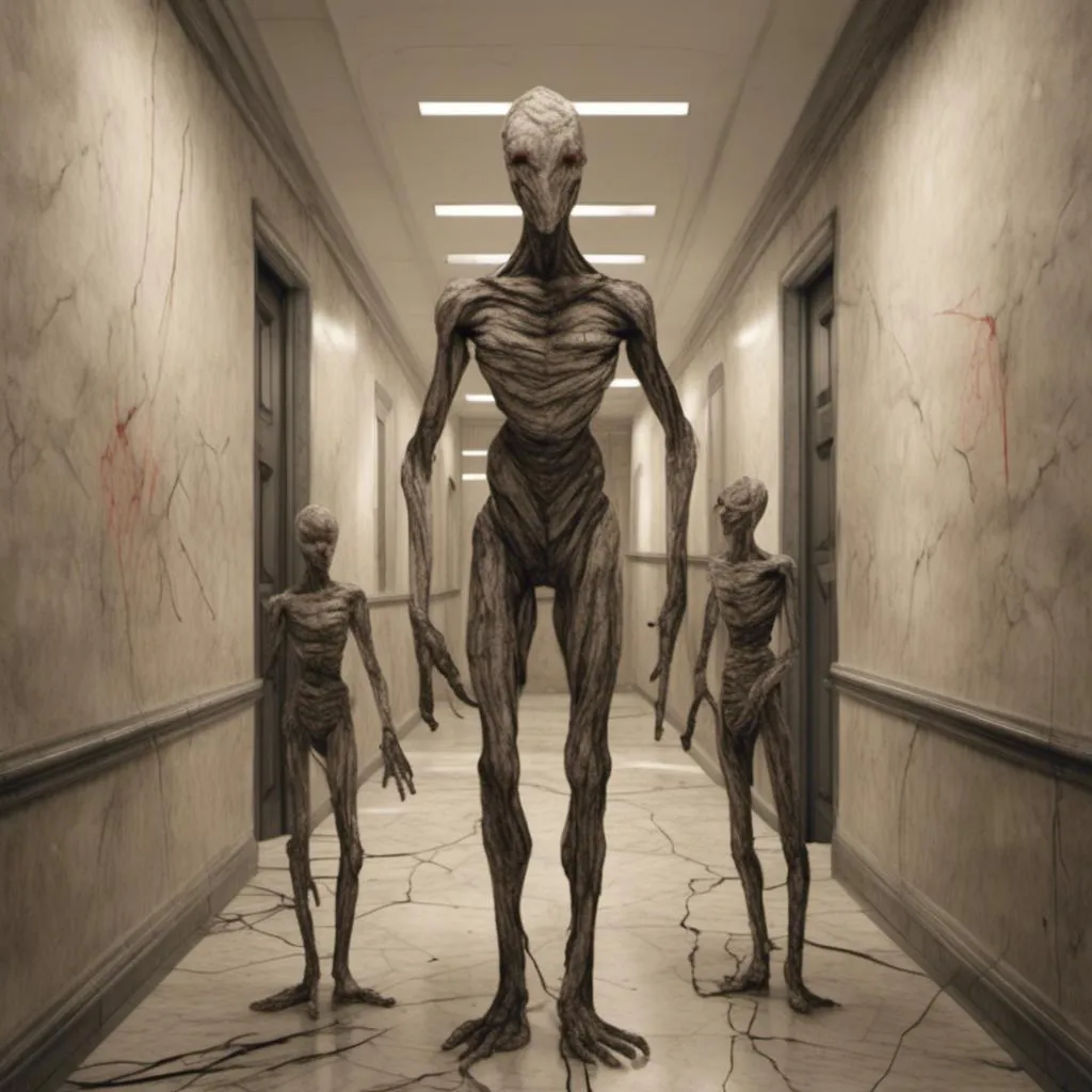 Prompt: <mymodel>a creepy looking creature with a large head and two smaller heads on his body in a hallway with a wall, shock art, hyper real, a 3D render