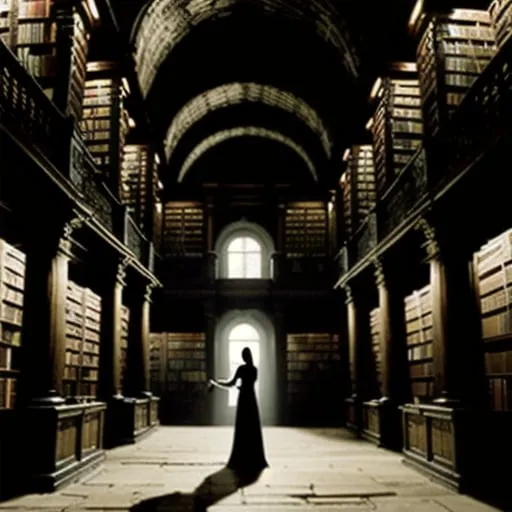 Prompt: <mymodel>Surreal, ancient library with towering stacks of books, labyrinthine aisles, cavernous silence, hushed whispers, detailed graffiti-style artwork, dancing shadows, dreamlike atmosphere, bygone era, atmospheric lighting, dark tones, mysterious, ethereal, intricate details, professional, artistic