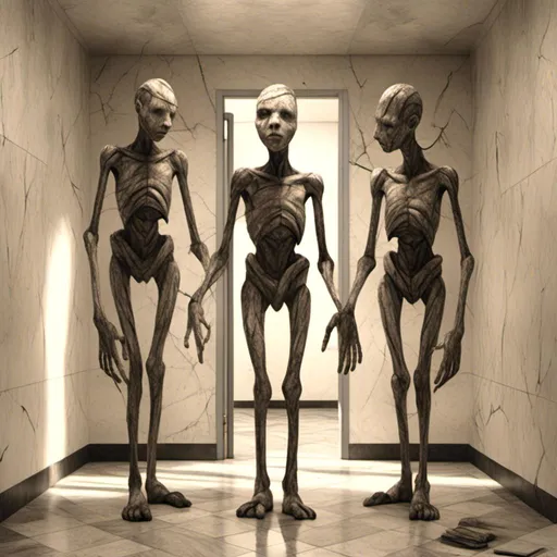 Prompt: <mymodel>a creepy looking creature with a large head and two smaller heads on his body in a hallway with a wall, shock art, hyper real, a 3D render