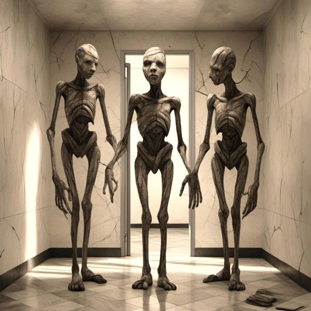 Prompt: <mymodel>a creepy looking creature with a large head and two smaller heads on his body in a hallway with a wall, shock art, hyper real, a 3D render