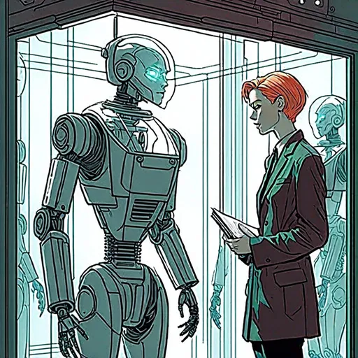 Prompt: <mymodel>a drawing of a robot standing next to a machine in a glass case with a man inside of it, Artgerm, panfuturism, ex machina, concept art