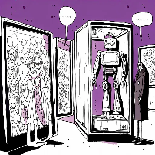 Prompt: <mymodel><mymodel>a robot standing next to a machine in a glass case with a man inside of it, Artgerm, panfuturism, ex machina, concept art robot stortelling of  panels of comic for manga, with speech bubbles. white and empty Speech bubbles, double page, surreal atmosphere, symbolic representation, high contrast, deep shadows, monochromatic, digital rendering, high quality, minimalist, conceptual art, graffiti style, abstract, surreal, symbolic, atmospheric lighting, comic édition. full strory comic love robot, white and empty Speech bubbles, stortelling  a robot standing next to a machine in a glass case with a man inside of it, Artgerm, panfuturism, ex machina, concept art