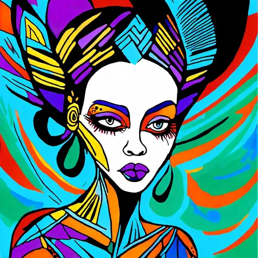 Prompt: <mymodel>Vibrant and intricate digital illustration of a dynamic female figure, bold tattoo artistry, vibrant and diverse body art, stunning detail and realism, high quality, digital art, vibrant colors, dynamic composition, detailed eyes, professional, personaltattoo, vibrant background, striking and colorful, medium: digital art, artistic flair, full-sleeve tattoo, detailed facial features, professional lighting, captivating and unique design