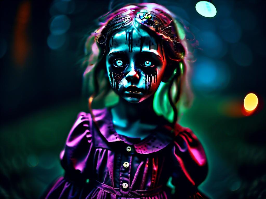 Prompt: full body shot, Little chaotic evil insane living dead girl with rotting pale flesh in a beautiful out of place dress, eerie atmospheric lighting, psychedelic  color tones, horror, detailed facial features, highres, ultra-detailed, Lovecraftian, eerie, sinister, haunting lighting, divine madness, holy killer, little Goddess of death. longing, madness, nothing love, holy death girl, smiling from ear to ear, glowing white eyes with ethereal trails, extreme emotion, If you are reading this I love you so much.<mymodel>