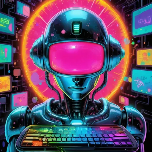 Prompt: High-resolution digital art of a robot in a keyboard, with a thought bubble above, vibrant colors, comic style, technology theme, glowing neon lights, detailed metallic textures, futuristic design, professional, vibrant colors, comic style, technology theme, futuristic, metallic textures, detailed, glowing neon lights, professional, vibrant colors, thought bubble, high quality, digital art, futuristic design, detailed metallic textures, comic style