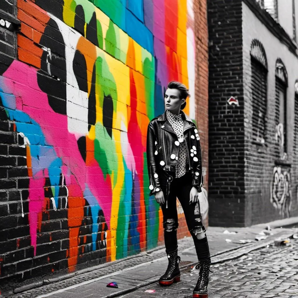 Prompt: 
Pointillism (ultra-detailed dots)
BLACK AND WHITE colors (MUTED)
SHADOWS High-resolution
Professional light
youngS punks, clad in ripped IMPRIMED leather jackets, IMPRIMED  tartan JEANS, and IMPRIMED  Doc Martens boots, stand with a rebellious air in front of a painted brick wall. The wall explodes with a riot of rainbow colors, adorned with graffiti that declares messages of defiance and social change. Imagine the scene rendered in the detailed, pointillism style. creating a scene that pulsates with electrifying energy. Each individual punk's expression is captured with precise detail, their gazes focused and intense, reflecting the rebellious spirit of both London and Amsterdam's punk scene 1975. The lighting is professional, highlighting the unique details of their clothing and the weathered texture of the brick wall.

<mymodel>