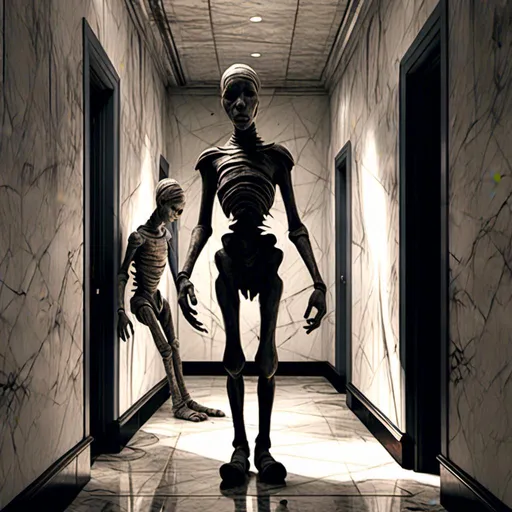 Prompt: <mymodel>a creepy looking creature with a large head and two smaller heads on his body in a hallway with a wall, shock art, hyper real, a 3D render