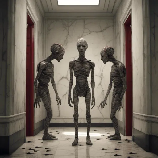 Prompt: <mymodel>a creepy looking creature with a large head and two smaller heads on his body in a hallway with a wall, shock art, hyper real, a 3D render