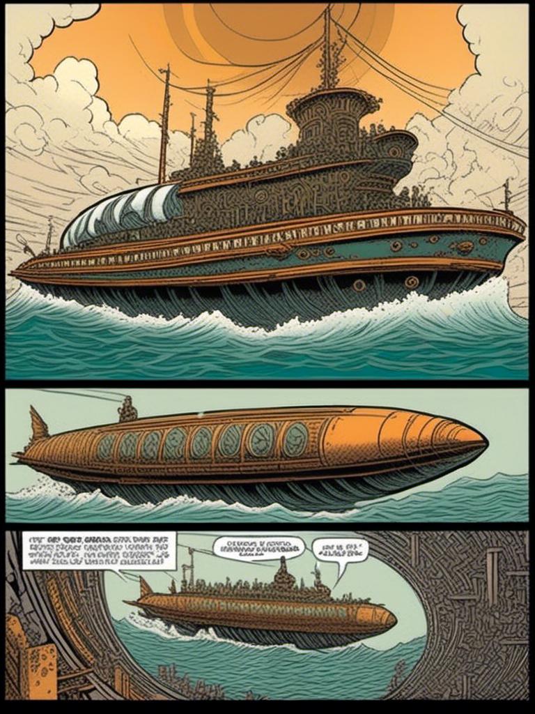 Prompt: <mymodel>steampunk comic featuring the Nemo submarine, detailed inked panels, special edition storytelling, high-quality, professional, sci-fi, futuristic, intense action, vivid colors, dynamic composition, atmospheric lighting, detailed, panels, professional inking