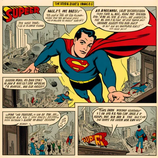 Prompt: <mymodel> 3 panel comic strip super man 1956