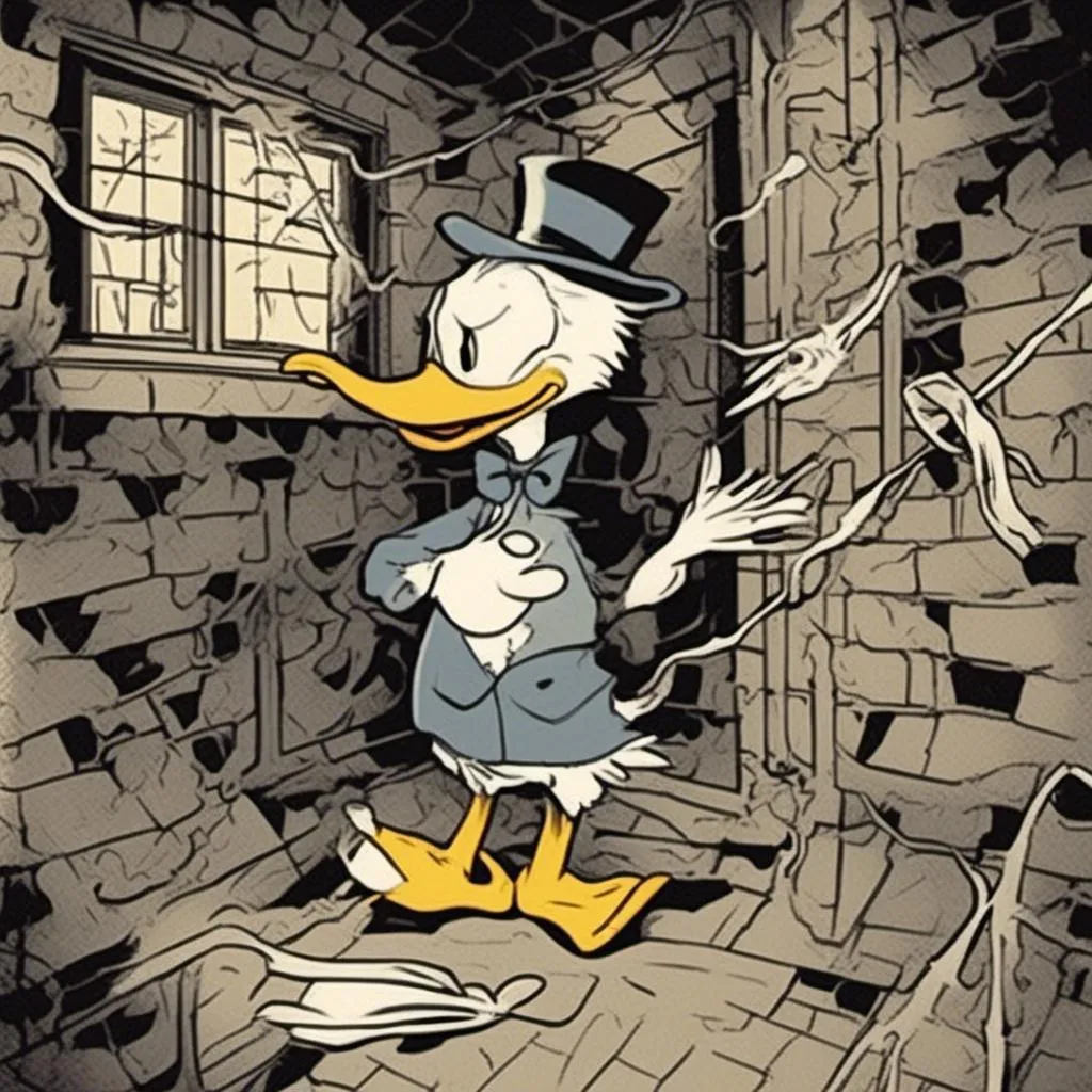 Prompt: <mymodel>Creepy, unsettling illustration of creepy Donald Duck With barber, dark and eerie ambiance, eerie details, high quality, detailed shadows, horror, sinister, disturbing, eerie lighting, surreal, unsettling atmosphere, dark tones, menacing, suspenseful, detailed, haunting, ominous