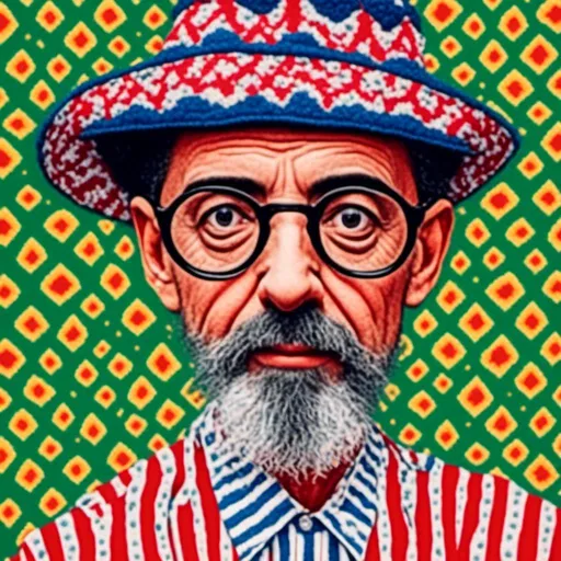 Prompt: <mymodel><mymodel>a man with a beard and glasses wearing a hat and a red and white shirt and a red and white striped shirt, Eddie Campbell, maximalism, maximalist, a flemish Baroque