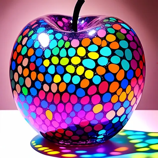 Prompt: <mymodel> <mymodel>Vibrant pop art illustration of a transparent glass apple sculpture, shiny and reflective surface, bold colors, high contrast, detailed glasswork, glossy finish, artistic interpretation, modern pop art, transparent glass, vibrant colors, high quality, detailed reflections, glossy finish, striking pop art style, bold and vibrant, contemporary art, shiny surface; ce qui donne cette image 