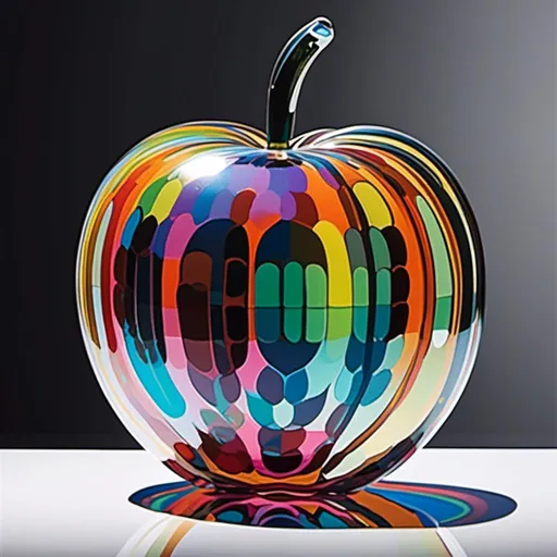 Prompt: <mymodel> <mymodel>Vibrant pop art illustration of a transparent glass apple sculpture, shiny and reflective surface, bold colors, high contrast, detailed glasswork, glossy finish, artistic interpretation, modern pop art, transparent glass, vibrant colors, high quality, detailed reflections, glossy finish, striking pop art style, bold and vibrant, contemporary art, shiny surface; ce qui donne cette image 