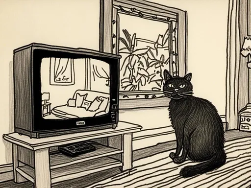 Prompt: <mymodel> a cat shows a cat on the living room television drawing of a contented cat enjoying, inked, detailed fur with subtle highlights, tranquil ambiance, high quality, charcoal drawing, realistic, detailed, contented cat, a cat shows a cat on the living room television, tranquil ambiance