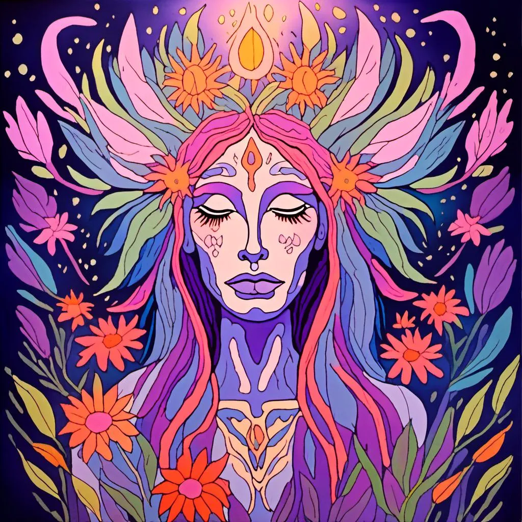 Prompt: <mymodel>Enlightened goddess portrayed in a mystical and natural setting, radiant ethereal glow, intense emotions, intricate floral details, high quality, mystical, nature, goddess, emotional, radiant glow, detailed floral elements, mystical lighting