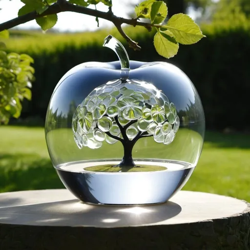 Prompt: "pomme en verre transparent", "sculpture de pomme en verre", "pomme en verre soufflé". sous accrochées à  un arbre dans un jardin d'Eden.


