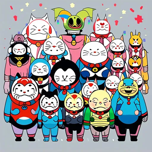 Prompt: 6+boys, age difference, alien, android 18, asian, baby, bald, beard, black sclera, bodysuit, bowtie, buck teeth, buzz cut, cape, closed eyes, clown, colored skin, comparison, crossover, cyborg, daruma doll, doraemon \(character\), everyone, facial hair, fat, fat man, father and son, frisk \(undertale\), glowing, good end, green headwear, grin, hat, heart, hood, hooded cloak, hoodie, horror \(theme\), identity censor, japanese flag, kirby, mario, mohawk, monkey, multiple boys, multiple girls, multiple others, mustache, nose, old, old man, old woman, open mouth, parody, pig, pink skin, real life insert, realistic, red background, robe, saitama \(one-punch man\), salute, sans, skeleton, skull, smile, son goku, statue, ugly man, very short hair, web address, what, white skin, wrinkled skin, yellow skin<mymodel>