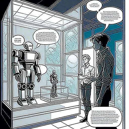 Prompt: <mymodel>a robot standing next to a machine in a glass case with a man inside of it, Artgerm, panfuturism, ex machina, concept art robot stortelling of  panels of comic for manga, with speech bubbles. white and empty Speech bubbles, double page, surreal atmosphere, symbolic representation, high contrast, deep shadows, monochromatic, digital rendering, high quality, minimalist, conceptual art, graffiti style, abstract, surreal, symbolic, atmospheric lighting, comic édition. full strory comic love robot, white and empty Speech bubbles, stortelling  a robot standing next to a machine in a glass case with a man inside of it, Artgerm, panfuturism, ex machina, concept art