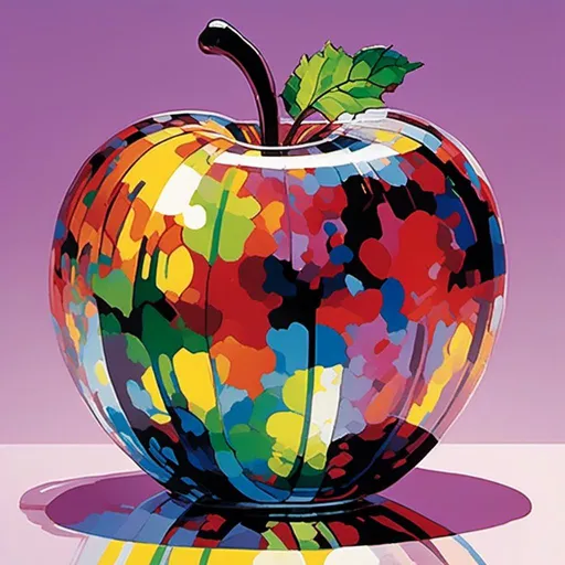 Prompt: <mymodel>Vibrant pop art illustration of a transparent glass apple sculpture, shiny and reflective surface, bold colors, high contrast, detailed glasswork, glossy finish, artistic interpretation, modern pop art, transparent glass, vibrant colors, high quality, detailed reflections, glossy finish, striking pop art style, bold and vibrant, contemporary art, shiny surface