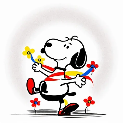 Prompt: 
Prompt : Snoopy et les Enfants Danseurs
Sujet : Deux enfants et Snoopy dansant joyeusement dans un pré fleuri.

Style :

Hommage au style iconique de Charles M. Schulz :
Lignes simples et expressives
Formes rondes et douces
Absence de perspective
Couleurs vives et primaires
Snoopy avec ses oreilles tombantes et son expression espiègle