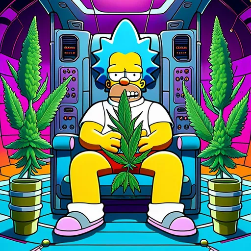 Prompt: Anime by Matt Groening, illustration of Simpson caractère with cannabis outfit  by Matt Groening; futuristic sci-fi setting, detailed characters, colorful and vibrant, highres, anime by Matt Groening, sci-fi, futuristic, detailed characters, vibrant colors, professional  Matt Groening, dynamic lighting<mymodel>