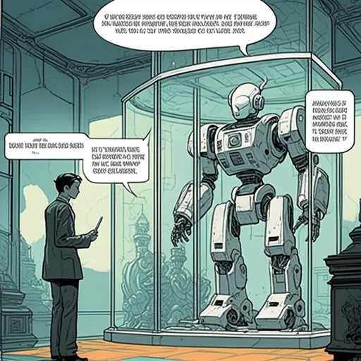 Prompt: <mymodel>a robot standing next to a machine in a glass case with a man inside of it, Artgerm, panfuturism, ex machina, concept art robot stortelling of  panels of comic for manga, with speech bubbles. white and empty Speech bubbles, double page, surreal atmosphere, symbolic representation, high contrast, deep shadows, monochromatic, digital rendering, high quality, minimalist, conceptual art, graffiti style, abstract, surreal, symbolic, atmospheric lighting, comic édition. full strory comic love robot, white and empty Speech bubbles, stortelling  a robot standing next to a machine in a glass case with a man inside of it, Artgerm, panfuturism, ex machina, concept art