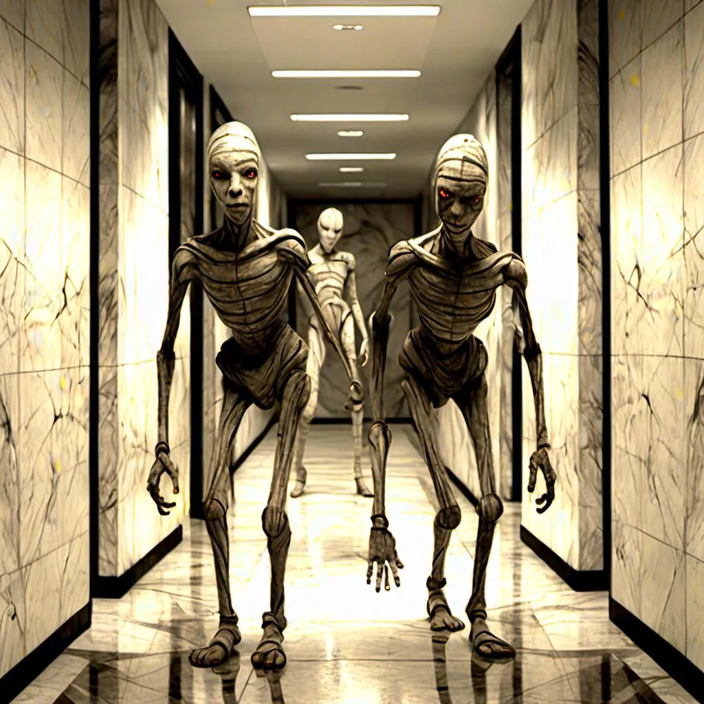 Prompt: <mymodel>a creepy looking creature with a large head and two smaller heads on his body in a hallway with a wall, shock art, hyper real, a 3D render