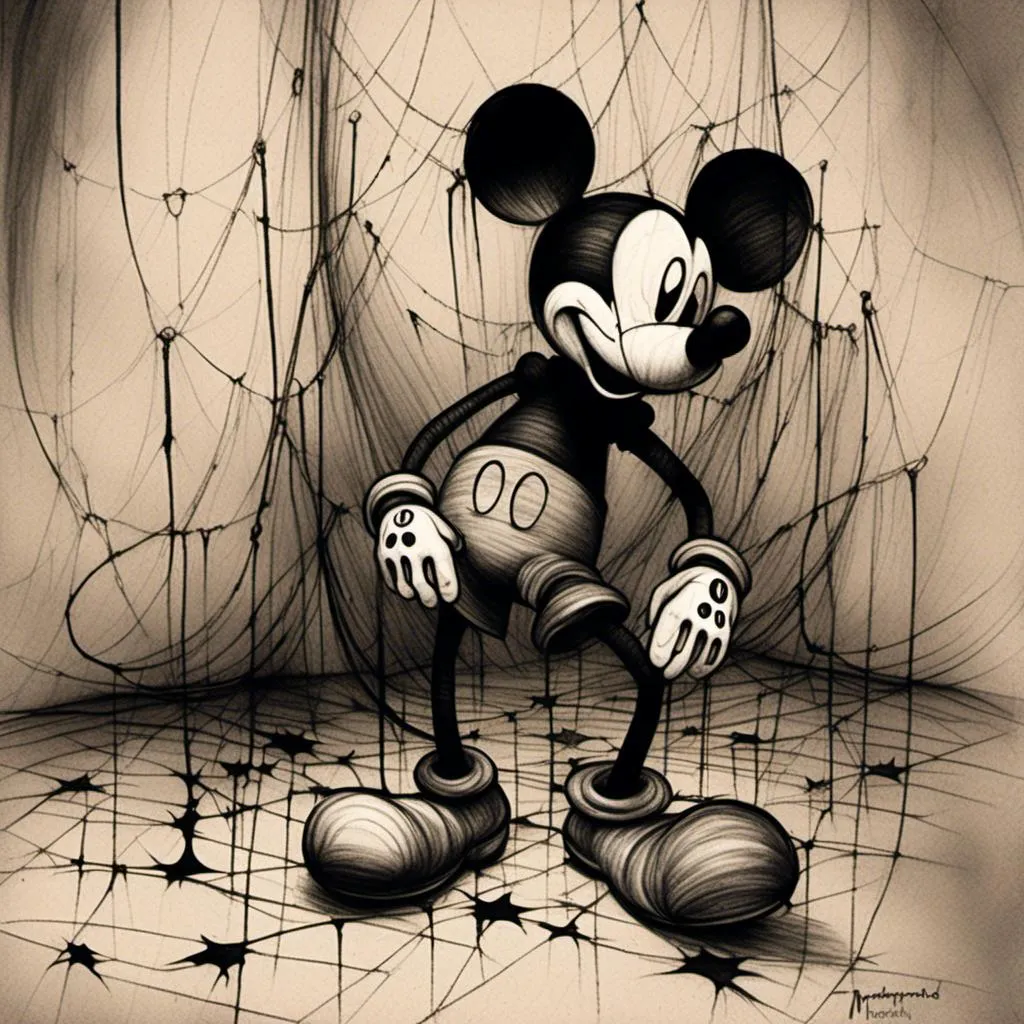 Prompt: <mymodel>Creepy, unsettling illustration of Mickey Mouse, dark and eerie ambiance, eerie details, high quality, detailed shadows, horror, sinister, disturbing, eerie lighting, surreal, unsettling atmosphere, dark tones, menacing, suspenseful, detailed, haunting, ominous