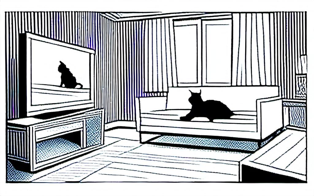 Prompt: <mymodel> a cat shows a cat on the living room television drawing of a contented cat enjoying, inked, detailed fur with subtle highlights, tranquil ambiance, high quality, charcoal drawing, realistic, detailed, contented cat, a cat shows a cat on the living room television, tranquil ambiance