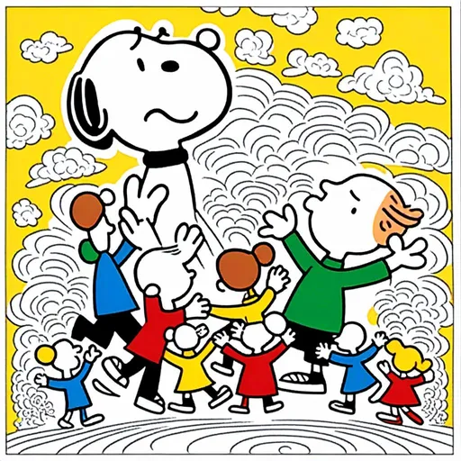 Prompt: <mymodel>
Prompt : Snoopy et les Enfants Danseurs
Sujet : Deux enfants et Snoopy dansant joyeusement dans un pré fleuri.

Style :

Hommage au style iconique de Charles M. Schulz :
Lignes simples et expressives
Formes rondes et douces
Absence de perspective
Couleurs vives et primaires
Snoopy avec ses oreilles tombantes et son expression espiègle