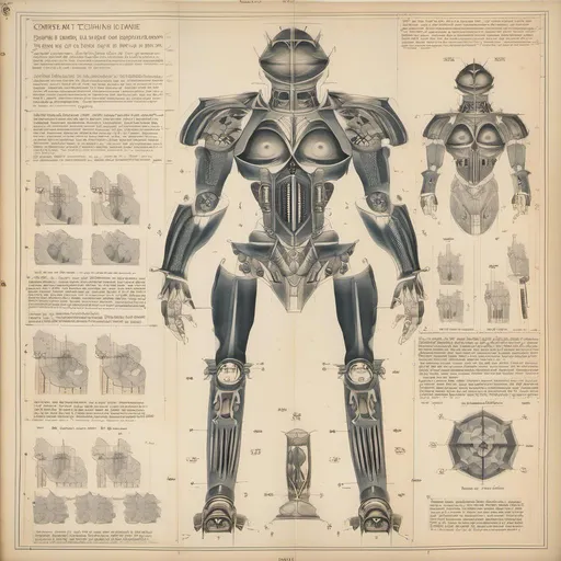 Prompt: Des plans techniques pour cette machine de combat : 1. Le corps est compose de plaques rivetees pour offrir une protection maximale. 2. La tete est disproportionnee par rapport au corps pour offrir une plus grande capacite de vue et de perception. 3. Les yeux globuleux et injectes de sang sont une reference aux yeux de la Mythologie Grecque. 4. La bouche est grande et garnie de dents acerees pour offrir une plus grande destructiveit. 5. Les griffes puissantes ou les armes integrees sont une reference aux machines de guerre des temps anciens.<mymodel>