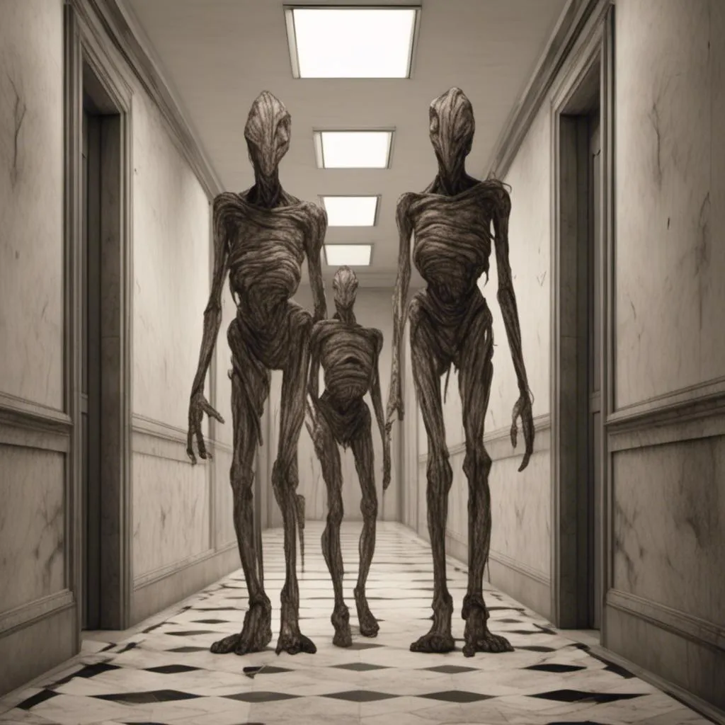 Prompt: <mymodel>a creepy looking creature with a large head and two smaller heads on his body in a hallway with a wall, shock art, hyper real, a 3D render