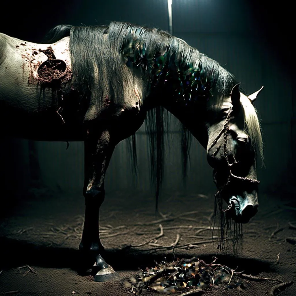 Prompt: Decaying horse, dark and eerie atmosphere, gloomy setting, macabre style, rotting flesh, haunting presence, eerie lighting, high contrast, unsettling details, visceral textures, eerie shadows, horror, gothic, distorted features, unsett<mymodel>ling, surreal, highres, eerie tones, visceral, atmospheric lighting