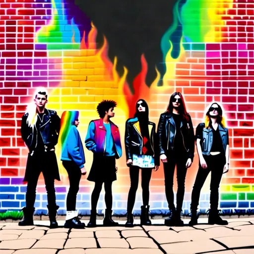 Prompt: group of young punks, clad in ripped leather jackets, tartan kilts, and Doc Martens boots, stand with a rebellious air in front of a vibrantly painted brick wall. The wall explodes with a riot of rainbow colors, adorned with graffiti that declares messages of defiance and social change. Imagine the scene rendered in the detailed precision of Boris Vallejo, yet infused with the meticulous pointillism style. Click to open the ultrafine detailed artwork, where every dot meticulously contributes to a vibrant explosion of color. The RGB spectrum is pushed to its limits, creating a scene that pulsates with electrifying energy. Each individual punk's expression is captured with precise detail, their gazes focused and intense, reflecting the rebellious spirit of both London and Amsterdam's punk scene. The lighting is professional, highlighting the unique details of their clothing and the weathered texture of the brick wall.

Style:

Boris Vallejo (precision, detail)
Pointillism (ultra-detailed dots)
RGB colors (vibrant, saturated)
High-resolution
Precisionist style (emphasis on geometric shapes)
Professional light.<mymodel>