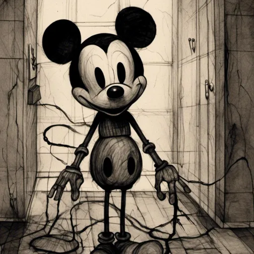 Prompt: <mymodel>Creepy, unsettling illustration of Mickey Mouse, dark and eerie ambiance, eerie details, high quality, detailed shadows, horror, sinister, disturbing, eerie lighting, surreal, unsettling atmosphere, dark tones, menacing, suspenseful, detailed, haunting, ominous