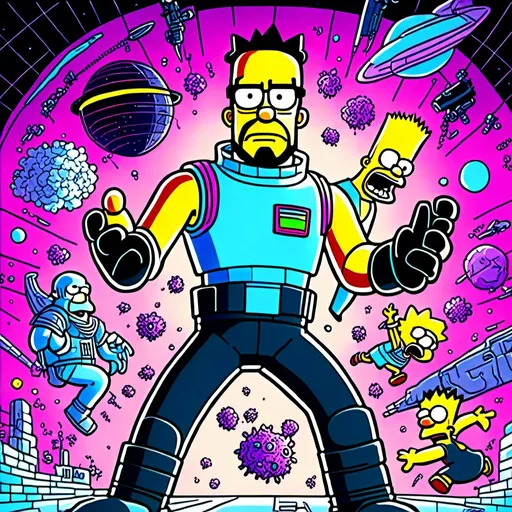 Prompt: <mymodel>Anime by Matt Groening, illustration of Homer Simpson kill the cat by Matt Groening; futuristic sci-fi setting, detailed characters, colorful and vibrant, highres, anime by Matt Groening, sci-fi, futuristic, detailed characters, vibrant colors, professional  Matt Groening, dynamic lighting