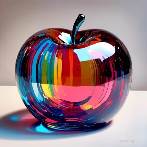 Prompt:  <mymodel>Vibrant pop art illustration of a transparent glass apple sculpture, shiny and reflective surface, bold colors, high contrast, detailed glasswork, glossy finish, artistic interpretation, modern pop art, transparent glass, vibrant colors, high quality, detailed reflections, glossy finish, striking pop art style, bold and vibrant, contemporary art, shiny surface; ce qui donne cette image 