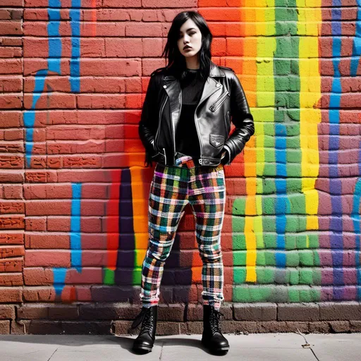 Prompt: 
Pointillism (ultra-detailed dots)
BLACK AND WHITE colors (MUTED)
SHADOWS High-resolution
Professional light
youngS punks, clad in ripped IMPRIMED leather jackets, tartan JEANS, and Doc Martens boots, stand with a rebellious air in front of a painted brick wall. The wall explodes with a riot of rainbow colors, adorned with graffiti that declares messages of defiance and social change. Imagine the scene rendered in the detailed, pointillism style. creating a scene that pulsates with electrifying energy. Each individual punk's expression is captured with precise detail, their gazes focused and intense, reflecting the rebellious spirit of both London and Amsterdam's punk scene 1975. The lighting is professional, highlighting the unique details of their clothing and the weathered texture of the brick wall.

<mymodel>