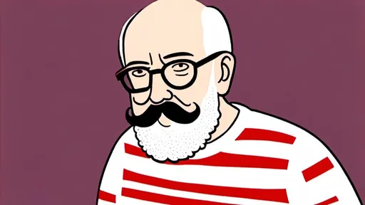 Prompt: <mymodel>illustration of a 55-year-old man full stand up with a hipster 2000 beard and mustache,no hair, bald head, White cotton t-shirt with horizontal red stripes very regular and 1cm large, round glasses, high quality, detailed design, minimalistic, professional lighting, cool tones, minimalist style, highres, detailed facial hair, mature, sophisticated, cool tones, minimalistic, focused lighting<mymodel>