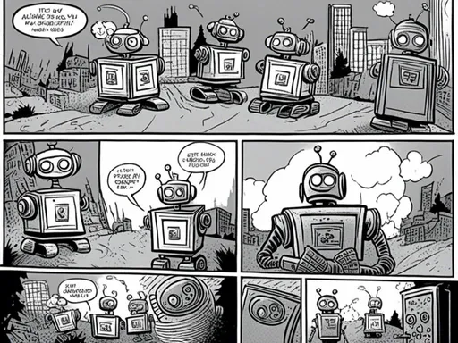 Prompt: <mymodel>love robot stortelling of  panels of comic for manga, double page, surreal atmosphere, symbolic representation, high contrast, deep shadows, monochromatic, digital rendering, high quality, minimalist, conceptual art, graffiti style, abstract, surreal, symbolic, atmospheric lighting, comic édition. full strory comic love robot stortelling 