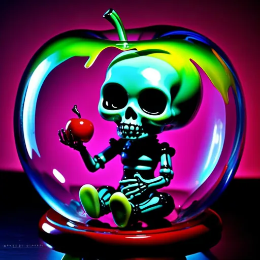 Prompt: <mymodel>Vibrant pop art illustration of a transparent glass apple with daark doll inside sculpture, bold colors, high contrast, detailed glasswork, glossy finish, high quality, misc-macabre, vibrant pop art, bold colors, high contrast, detailed glasswork, glossy finish