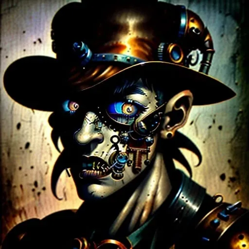 Prompt: Character portrait in steampunk artstyle, man with a weird face and nose, black nose ring, Enki Bilal, neo-primitivism, punk, detailed facial features, rusty metallic tones, industrial setting, retro-futuristic elements, steampunk aesthetic, eccentric character, highres, detailed, steampunk, rusty tones, industrial, retro-futuristic, detailed facial features, eccentric, character portrait