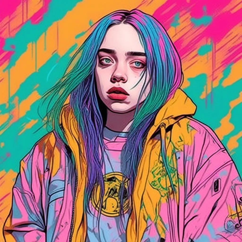 Prompt: Colorful digital illustration <mymodel>Billie Eilish - bad guy 