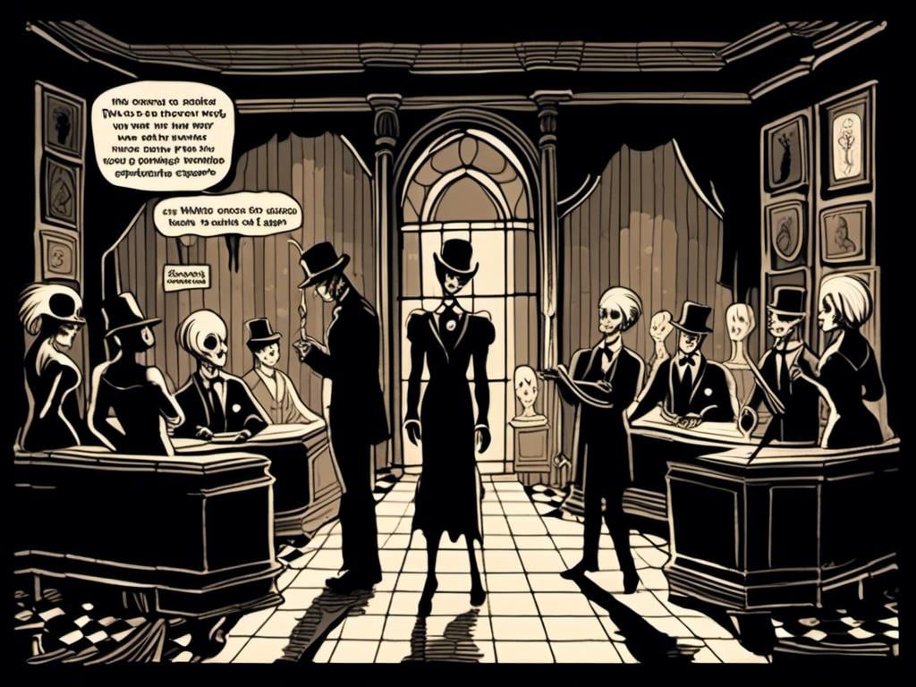 Prompt: stroyboard, storytelling, script comic book; Mysterious performers in a cabaret noir, eerie gothic <mymodel>setting, dimly lit stage, ominous atmosphere, detailed makeup, highres, detailed, misc-macabre, dark tones, gothic, vintage, atmospheric lighting; stroyboard, storytelling, script comic book