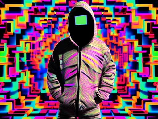 Prompt: <mymodel> full body shot, Cosmic celebration in psychedelic glitch art, glitch God, psychedelic and glitchy, cosmic drama, Insane 40 yr  glitch maker with goatee, insane laugh, glitched out eyes, black glitchy hoodie, dystopian background, cosmic giggle, divine laughter, intense facial emotions, divine madness,  glitch meme magic, strange, bizarre, weird, fine details, highest quality