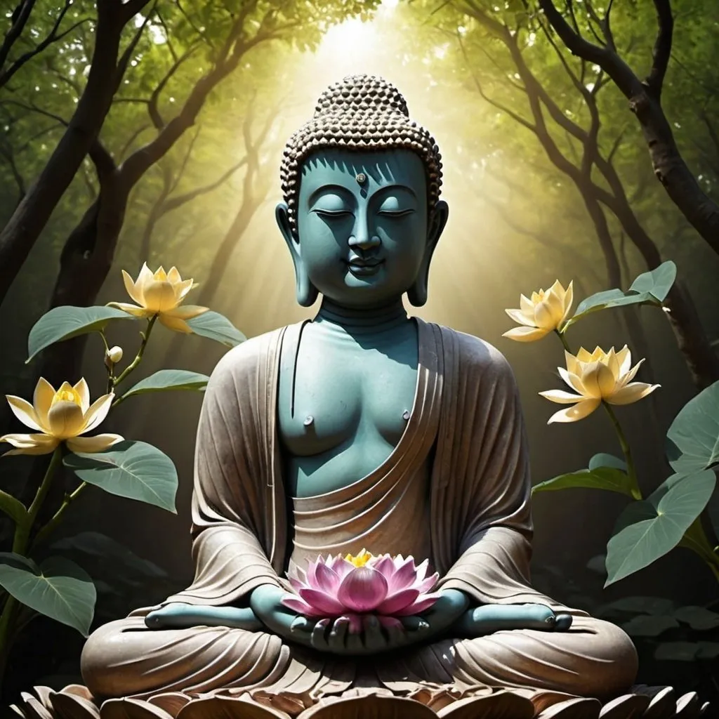 Prompt: Voici un prompt pour une illustration de ce que vous avez décrit : L'illustration devrait représenter une statue de Bouddha sereine dans un écrin de verdure luxuriante. La végétation doit être détaillée et détaillée, avec une gamme de couleurs vives et éclatantes. Le Bouddha doit être représenté avec des traits délicats et une pose de méditation profonde. Ses mains doivent être posées sur les genoux, les yeux fermés, dans un geste de méditation profonde. La végétation doit être représentée de manière détaillée et détaillée, avec des feuilles vertes. Les lianes grimpantes et les orchidees doivent etre representees de facon detaillee et detaillee. Les rayons de soleil doivent filtrer a travers la canopee dense, projetant des taches lumineuses sur la statue de Bouddha. Les oiseaux doivent chanter melodieusement, leurs chants harmonieux se melant au murmure de la brise qui traverse les feuilles. Le tout doit etre represente de maniere detaillee, avec des couleurs vives et eclatantes.
