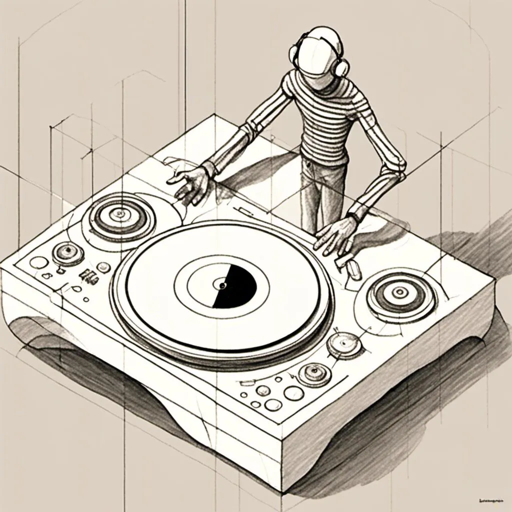Prompt: <mymodel><mymodel> here's an isometric view of a hand DJ: In this isometric view, the DJ is standing with both hands on the turntable, manipulating the record. The record is spinning quickly, creating a dynamic effect. The turntable is positioned in the center of the isometric space, with the DJ's hands hovering above it. The DJ's arms are positioned slightly out to the sides, creating a dynamic and energetic composition. The whole scene is presented from an isometric viewpoint, with a dynamic perspective and a cinematic quality.