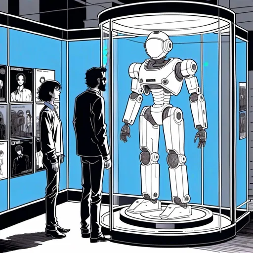 Prompt: <mymodel><mymodel>a robot standing next to a machine in a glass case with a man inside of it, Artgerm, panfuturism, ex machina, concept art robot stortelling of  panels of comic for manga, with speech bubbles. white and empty Speech bubbles, double page, surreal atmosphere, symbolic representation, high contrast, deep shadows, monochromatic, digital rendering, high quality, minimalist, conceptual art, graffiti style, abstract, surreal, symbolic, atmospheric lighting, comic édition. full strory comic love robot, white and empty Speech bubbles, stortelling  a robot standing next to a machine in a glass case with a man inside of it, Artgerm, panfuturism, ex machina, concept art